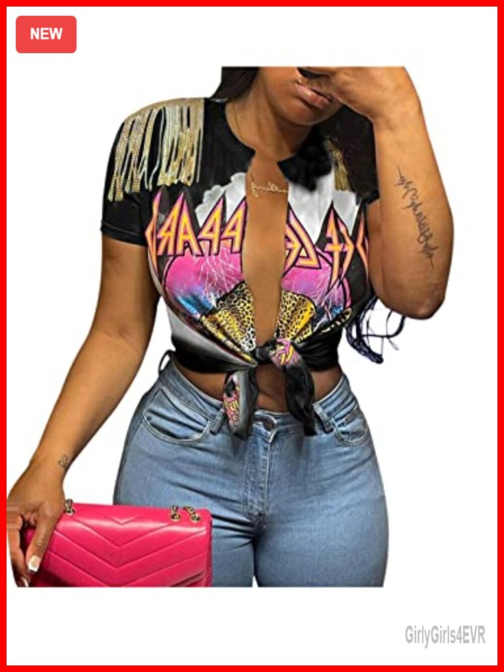 Women Sexy Graphic Crop Top Knot Front V Neck Short Sleeve
